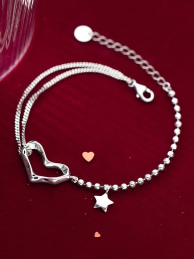 925 Sterling Silver Heart Minimalist Asymmetry Pentagram  Smooth Bead Bracelet