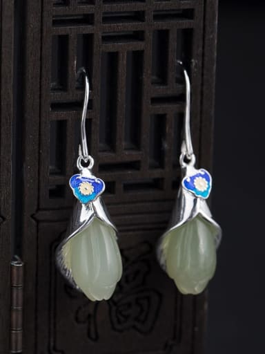 925 Sterling Silver Jade Flower Vintage Hook Earring