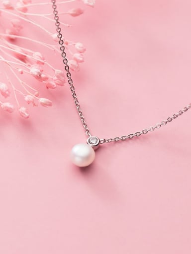 925 Sterling Silver Imitation Pearl Simple Round Bead Pendant Necklace