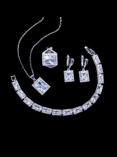 Brass Cubic Zirconia Luxury Geometric  Ring Earring Braclete And Necklace Set