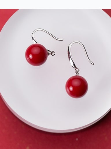 925 Sterling Silver Red Enamel Round Ball Minimalist Hook Earring
