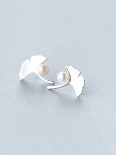925 Sterling Silver Imitation Pearl Leaf Minimalist Stud Earring