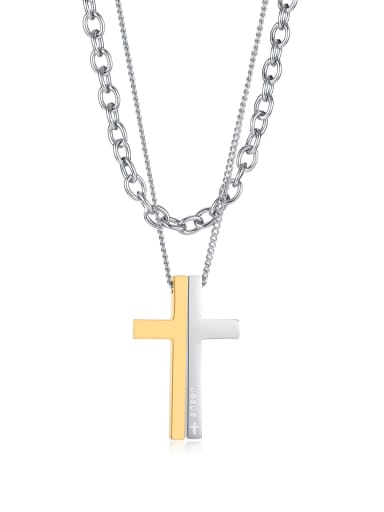 [2173] Gold among steel necklaces Stainless steel Cross Minimalist Multi Strand Necklace