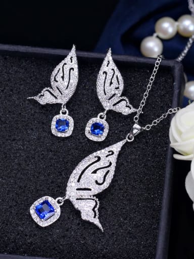 blue Brass Cubic Zirconia Luxury Butterfly  Earring and Necklace Set