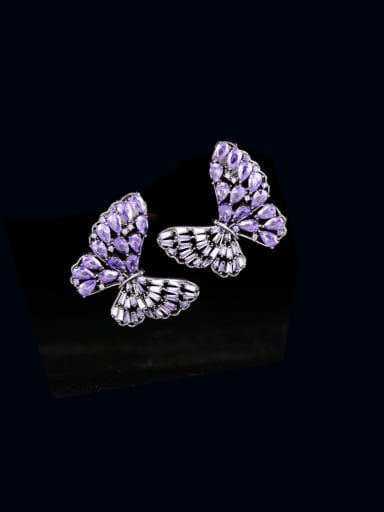 Purple; Brass Cubic Zirconia Butterfly Luxury Cluster Earring