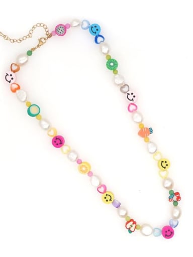 Stainless steel Freshwater Pearl Multi Color Polymer Clay Smiley Bohemia Necklace