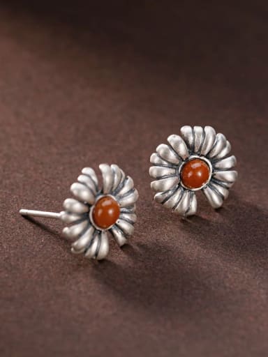 925 Sterling Silver Carnelian Flower Vintage Stud Earring
