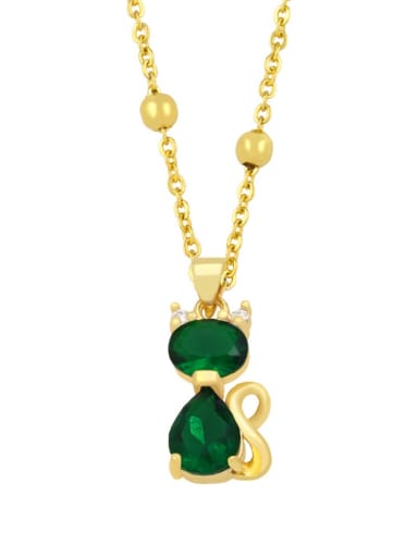 green Brass Cubic Zirconia  Vintage Cat Pendant Necklace