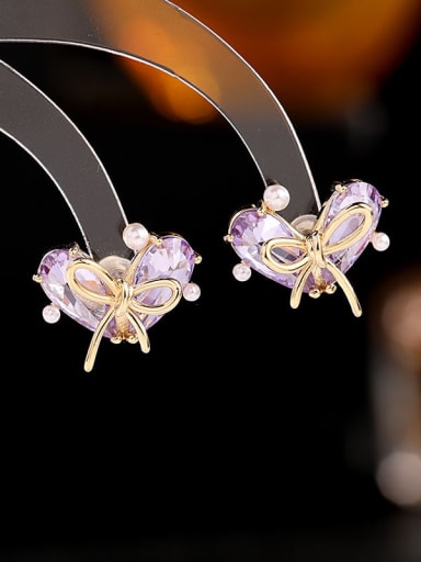 purple Brass Cubic Zirconia Heart Trend Stud Earring