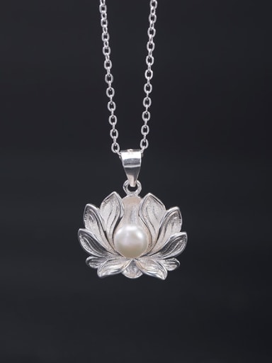 925 Sterling Silver Imitation Pearl  Vintage Lotus Pendant Necklace