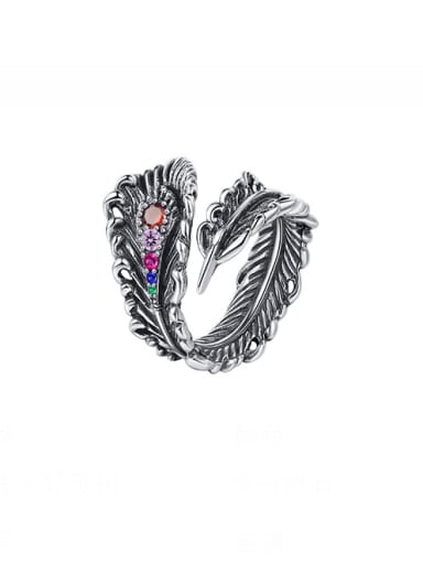 custom 925 Sterling Silver Rhinestone Feather Vintage Band Ring