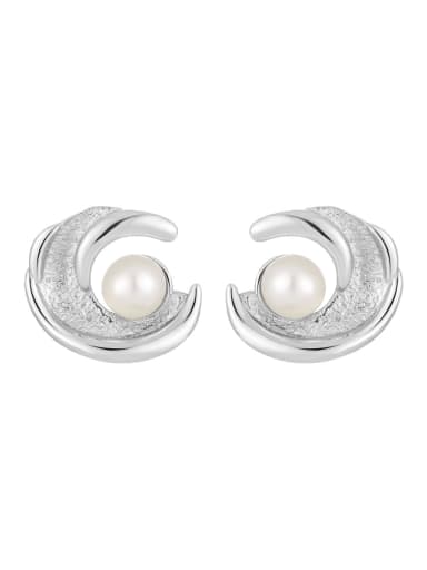 EF1110 Platinum 925 Sterling Silver Imitation Pearl Irregular Minimalist Stud Earring