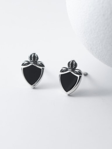 925 Sterling Silver Obsidian Heart Vintage Stud Earring