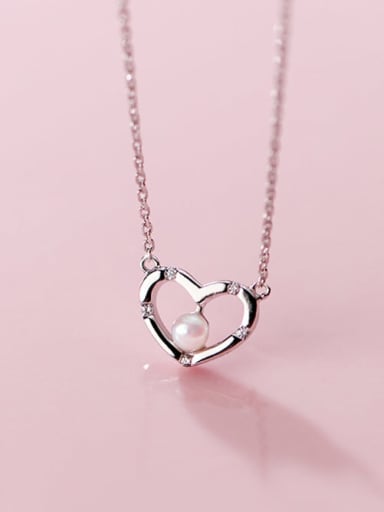925 Sterling Silver Imitation Pearl Fashion simple hollow heart Necklace