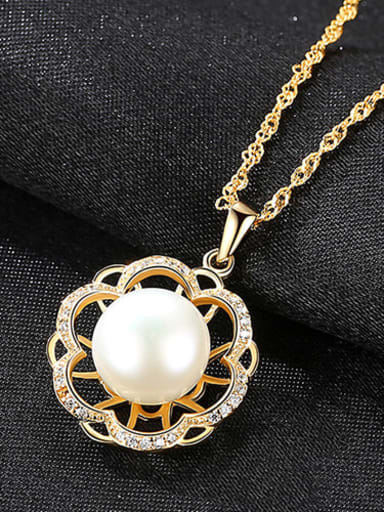925 Sterling Silver Freshwater Pearl Hollow zircon flower pendant  Necklace