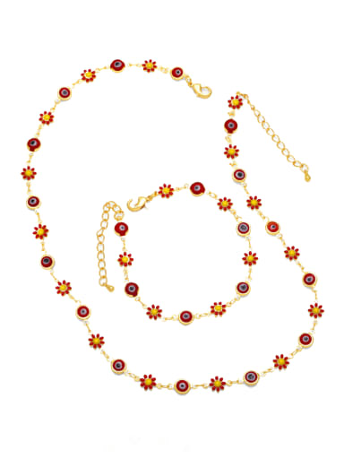 Brass Enamel Vintage Flower Bracelet and Necklace Set