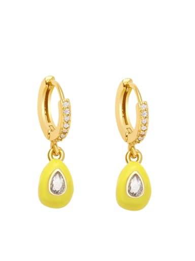 yellow Brass Cubic Zirconia Multi Color Enamel Water Drop Vintage Huggie Earring