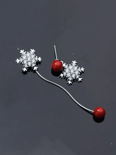 Red  Bell Bead 925 Sterling Silver Cubic Zirconia  Asymmetrical  Flower Dainty Drop Earring