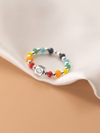 925 Sterling Silver Bead Multi Color Smiley  Square Minimalist Band Ring