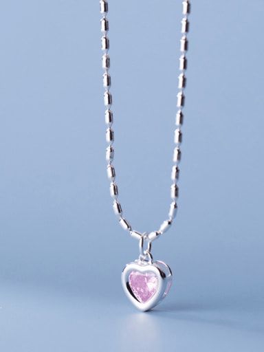 Pink 925 Sterling Silver Cubic Zirconia Heart Minimalist Beaded Chain Necklace