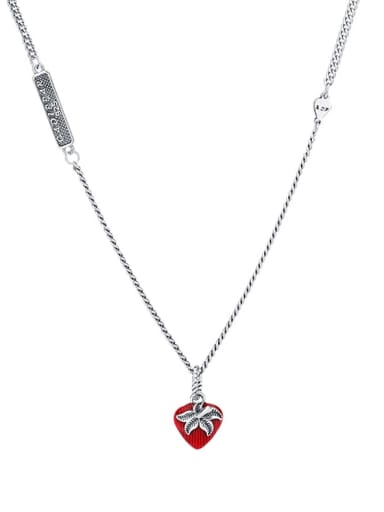 925 Sterling Silver Enamel Heart Vintage Asymmetrical Chain  Necklace