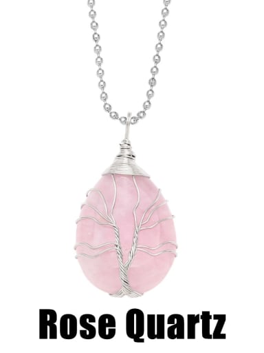 Pink Crystal Rose Quartz Brass Natural Stone Water Drop Vintage Necklace