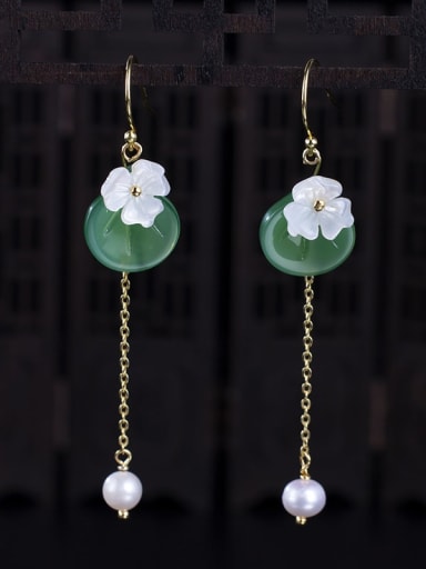 925 Sterling Silver Shell Lampwork Stone Long Pearl Shell Colored Glass Petal Earrings