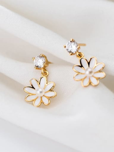 925 Sterling Silver Rhinestone Enamel Flower Cute Drop Earring
