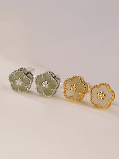 925 Sterling Silver Jade Flower Vintage Stud Earring