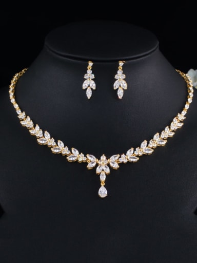 Gold two piece set Brass Cubic Zirconia Luxury Earring and Necklace Set