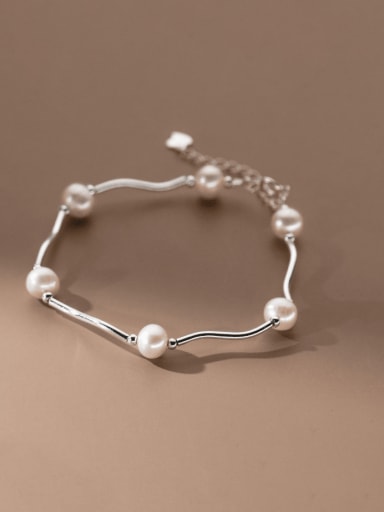925 Sterling Silver Imitation Pearl Geometric Minimalist Link Bracelet