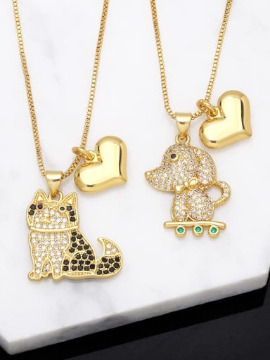 Brass Cubic Zirconia Heart Cute  Dog Love Double Pendant  Necklace