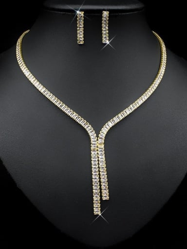 Brass Cubic Zirconia Luxury Tassel Earring and Necklace Set