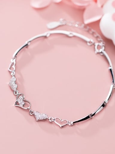 925 Sterling Silver Rhinestone Heart Minimalist Link Bracelet