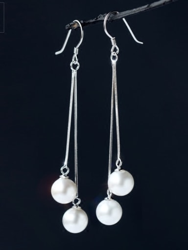 925 Sterling Silver Imitation Pearl Tassel Minimalist Hook Earring