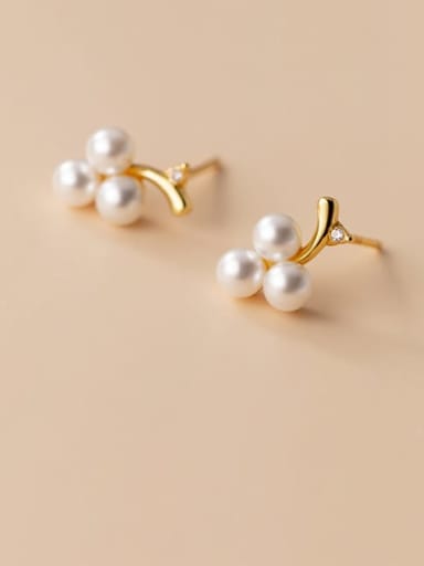 gold 925 Sterling Silver Imitation Pearl Flower Cute Stud Earring