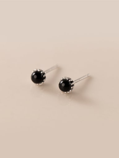 Black Shell Pearl+ Silver 925 Sterling Silver Imitation Pearl Round Minimalist Stud Earring