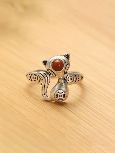 925 Sterling Silver Carnelian Fox Vintage Band Ring