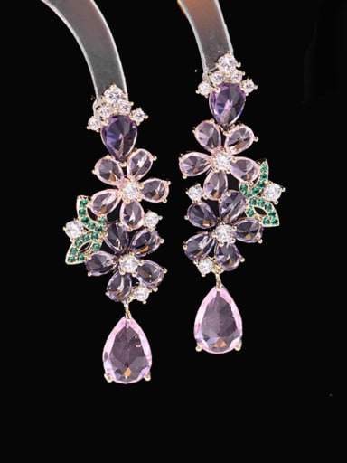 Purple + powder zirconium Brass Cubic Zirconia Flower Luxury Drop Earring