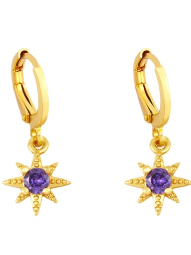 purple Brass Glass Stone Star Minimalist Huggie Earring
