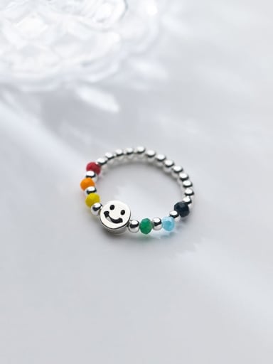 925 Sterling Silver Enamel Smiley Cute Bead Ring