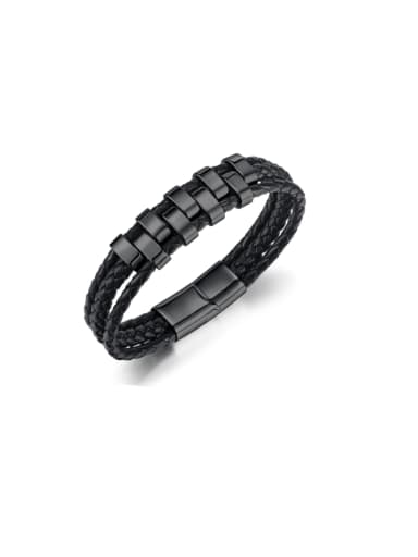 [1538] Bracelet black Stainless steel Artificial Leather Weave Hip Hop Handmade Weave Bracelet