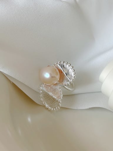 925 Sterling Silver Imitation Pearl Flower Vintage Band Ring