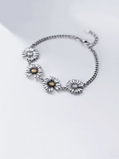 925 Sterling Silver Enamel Flower Vintage Link Bracelet