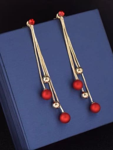 Red Diamond Red Pearl Brass Cats Eye Tassel Minimalist Threader Earring