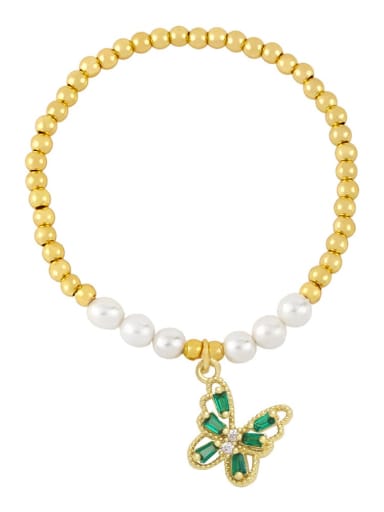 green Brass Imitation Pearl Butterfly Vintage Beaded Bracelet
