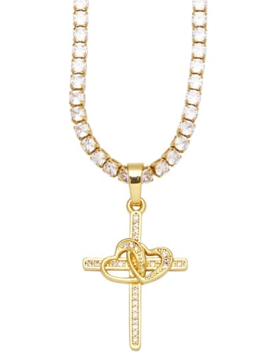 Brass Cubic Zirconia Heart Vintage Cross Pendant Necklace