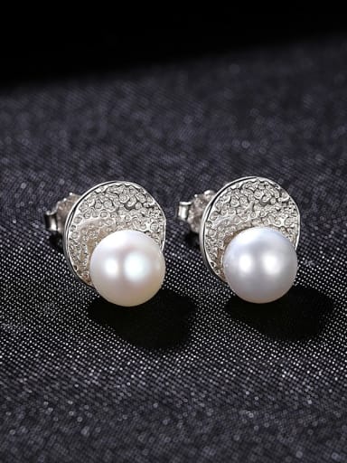 White1I01 925 Sterling Silver Imitation Pearl Geometric Vintage Stud Earring