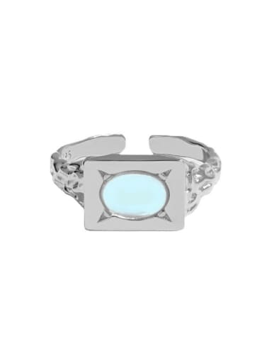 Platinum [adjustable size 12] 925 Sterling Silver Glass Stone Geometric Vintage Band Ring