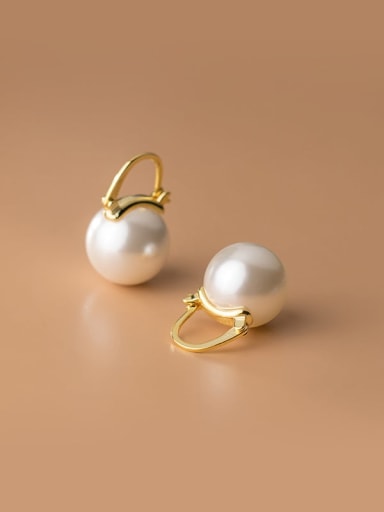925 Sterling Silver Imitation Pearl Geometric Minimalist Huggie Earring